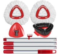 2 Spin Mop Replace Head Compatible with Vileda Turbo System, 30”-58" Mop Handle, Upgraded Triangle Base and Scrub Brush Combo Set Replacement, Microfiber Refills