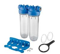 2 Stage 10" Inline Water Filter System Housing 1/2" Ports with Wall Bracket and Key