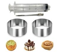 2 Stainless Steel Kitchen Rings 10 cm x 4 cm + Cooking Syringe 20 ml to Fill with Needle - Baking Ring - Cake Pan, New York Roll and Many More Recipes