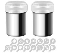 2 Stainless Steel Powder Shakers, SENHAI Mesh Shaker Powder Cans for Coffee Cocoa Cinnamon Powder with Lid, with 16 pcs Printing Molds Stencils