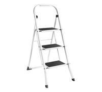 2-Step Folding Steel Ladder, Anti-Slip Feet, 150KG Load,3 Step,White | 2-Step Slim Folding Steel Ladder, 4cm Thin Storage, Anti-Slip Grooved Steps, 150KG Max Load with Rounded Safe Edges.