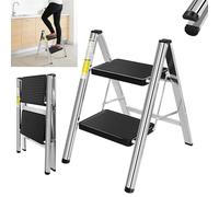 2 Step Ladder, Folding Portable Step Stool, Stainless Steel & Iron Construction (Iron Steps, Stainless Steel Frame), 150kg Max Load, 41x53.5x75cm Extended Size, for Home Kitchen Garage DIY