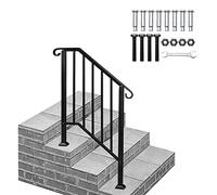2-Step Outdoor Stair Handrail - Black Matt Wrought Iron Handrail for Garden Steps with Installation Kit | Fits External Steps, Deck, Patio & Porch (2-Steps Handrail)