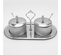 2 - Storage Jars with Lid and Spoon Including Serving Tray Table Decoration, Sugar Bowls with Lid and Spoon - for Breakfast Table, Snacks, Jam Jar, Gold and Silver Model HM6498H (Silver)