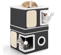 2-Storey Cat House for Indoor Cats, Separate Into 2 Large Cat Bed Cave with Hideaway Condos, Scratch Pads, Hanging Balls, Foldable Indoor Cat House, Cat Cube for Multiple Cats Kitten, Deep Grey