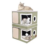 2-Story Cat House for Indoor Cats, Dual-Purpose Cat Cave Bed with Scratch Pad and Fluffy Ball, Foldable Condo Hideaway for Multi Small Pet Kitten, Green