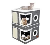 2-Story Cat House for Indoor Cats, Dual-Purpose Cave Bed with Scratch Pad and Fluffy Ball, Foldable Cat Hideaway, Cute Condo Furniture for Multi Small Pet Kitten, Grey