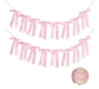 2 Strands Polyester Pink Bow Banner Pull Flag, Satin Ribbon Bows for Birthday Party Decor, Pink Room Decor Gift Wrapping Bows, Bow Birthday Decorations for Baby Shower Wedding