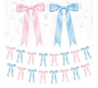 2 Strings Baby Pink & Blue Bow Garland Banner Decorations, 16Pcs Pre-Strung Satin Ribbon with 6.7ft Chain for Pink Blue Ribbon Bow Banner Coquette Room Birthday Baby Shower Gender Reveal Party Decor