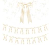 2 Strings Cream Bow Garland Banner Decorations, 16Pcs Pre-Strung Satin Ribbon with 6.7ft Chain for Ivory White Ribbon Bow Coquette Room Birthday Baby Bridal Shower Wedding Bachelorette Party Decor