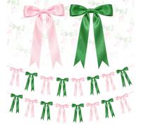 2 Strings Pink & Green Bow Garland Banner Decorations, 16Pcs Pre-Strung Satin Ribbon with 6.7ft Chain for Girls Ribbon Bow Banner Coquette Room Birthday Baby Shower Bachelorette Wedding Party Decor