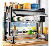 2-Tie Dish Drainer Rack, Kitchen Sink Shelf Dish Rack with Cover, Over The Sink Dishs Drying Racks,Space Saving ,Organizer with Utensil Holder,Cutting Board Holder,for Kitchen Counter Space-Saving
