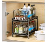 2-Tie Under Sink Cabinets Organizer with Sliding Storage Drawer, Pull Out Cabinets Organizer Shelf, Sliding Kitchen Countertop Storage Basket (black)