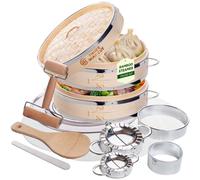 2-tier 10" Bamboo Steamer with Reinforcement & Handle, Reusable Silicone Liner & Accessories Kit For Cooking Dumpling, Baby Bao Bun, Dim Sum, Rice Potsticker Steaming Chinese Asian Food & Vegetables