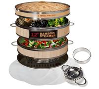 2-tier 12" Bamboo Steamer with Reinforcement & Handle, Reusable Silicone Liner & Accessories Kit For Cooking Dumpling, Baby Bao Bun, Dim Sum, Rice Potsticker Steaming Chinese Asian Food & Vegetables