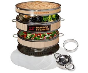 2-tier 12" Bamboo Steamer with Reinforcement & Handle, Reusable Silicone Liner & Accessories Kit For Cooking Dumpling, Baby Bao Bun, Dim Sum, Rice Potsticker Steaming Chinese Asian Food & Vegetables