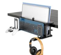 2 Tier 6-in-1 Adjustable Under Desk Laptop Holder with Keyboard Tray & Headphone Stand No Drilling Clamp On Desk Side Organiser Vertical Laptop Stand Magazine File Holder Fits Up To 4.5cm Table Thick