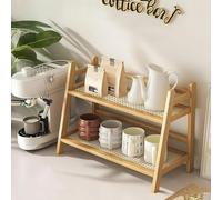 2 Tier Bamboo Coffee and Tea Station Organizer, Countertop Mug Holder, Cup Display and Condiment Rack, Kitchen Shelf for Cups, Matcha, and Accessories (Blonde Oak)