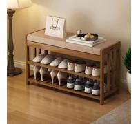 2 Tier Bamboo Shoe Rack Bench with Thick Cushion Mid-Century Modern Shoe Storage for Front Door Entryway Hallway & Living Room - 27.6x10.6x17.3 in
