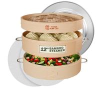 2 Tier Bamboo Steamer- 12" Baskets With Handle, Silicone Liner, Adapter, Molder Press For Cooking Vegetables Dumpling Press & Dough Cutter for Steaming Chinese Asian Food & Bao Bun, Dim Sum Potsticker