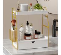 2 Tier Bathroom Counter Organizer with Drawer & Basket, Wooden Vanity Tray Countertop Shelf Accessories for Makeup Storage, Coffee Bar Station, Perfume Skincare, Kitchen, Bedroom (White & Gold)