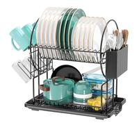 2 Tier Black Dish Drainer Rack with Drip Tray, Stainless Steel Draining Dish drainer with Draining Board and Utensils Holder, Dish Drying Rack for Small Kitchen Countertop
