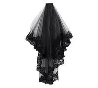 2 Tier Black Veil with Comb Halloween Headwear Gothic Corpse Bridal Veil Waist Length Lace Wedding Bridal Veil Ladies Fancy Dress Embroidered Edge Hair Accessory Flowery Day of the Dead Costume