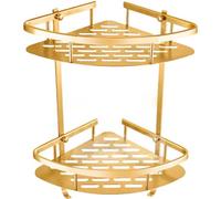 2 Tier Brass Storage Basket,Antique Double Bathroom Corner Shelf,Wall Mounted Shower Caddy Bracket Hanging Drawing Gold Triangle Bath Rack with Hooks