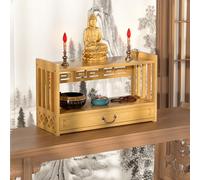 2-Tier Buddhist Altar, Bamboo Puja Table with Drawer, Small Meditation Tables, Suitable for Buddha Statues, Rituals