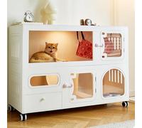 2-Tier Cat Cages Indoor With Litter Box, Large Cats Villa, Two-Layer Cat House Waterproof PVC Cats Enclosure And Playpen With Wheels - Easy Installation, White, 41.3x16.9x27.6 Inches