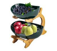 2 Tier Ceramic Fruit Bowl, Bamboo Fruit Serving Tray, Fruit Basket Stand for Kitchen Counter, Serving Plate for Bread Vegetable Snacks Candy Storage (Green)