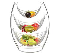 2 Tier Chrome Swinging Fruit Vegetable Bowl Basket Rack Storage Holder Hammock Fruit Vegetables Produce Metal Kitchen Swing Display Stand (3 Tier Basket)