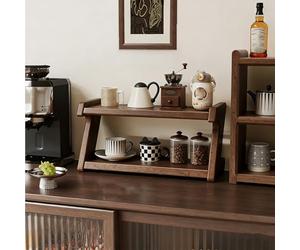 2-Tier Coffee Station Organizer, Freestanding Mug Cup Holder with Non-Slip Upright Ears, Z-Shaped Wooden Countertop Shelf, for Kitchen, Living Room & Bedroom