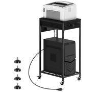 2 Tier Computer Tower Stand, CPU Holder Stand Cart with Charge Station and USB Charging Port, Printer Stand with Rolling Lockable Wheels for Home Office Fax, Black