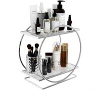 2-Tier Cosmetic Organizer Shelf for Desktop, Bathroom & Countertop - Carbon Steel Makeup Storage Rack for Rounded Edges, 28 x 15.5 x 28.5 cm (Transparent)