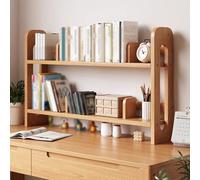 2 Tier Desk Hutch Multipurpose Desktop Bookshelf 23.6" to 39.4" Adjustable Countertop Storage Rack for Dorm Office Bedroom School Wood Finish