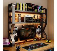2 Tier Desktop Shelf with Pegboard Panel, 3 Tier Desk Organizer and Storage Shelf, Computer Desktop Bookshelf, Multipurpose Countertop Hutch Bookcase Storage Rack(Black,3-Tier*L-115CM/45.2IN)