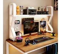 2 Tier Desktop Shelf with Pegboard Panel, 3 Tier Desk Organizer and Storage Shelf, Computer Desktop Bookshelf, Multipurpose Countertop Hutch Bookcase Storage Rack(White,2-Tier*L-55CM/21.6IN)