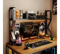 2 Tier Desktop Shelf with Pegboard Panel, 3 Tier Desk Organizer and Storage Shelf, Computer Desktop Bookshelf, Multipurpose Countertop Hutch Bookcase Storage Rack(Black,2-Tier*L-135CM/53.1IN)