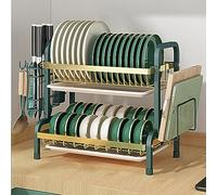 2 Tier Dish Drainer/Dish Drying Rack with Drip Tray, Sink Draining Board with Utensil Cutting & Board Holder for Kitchen Counter(golden green)