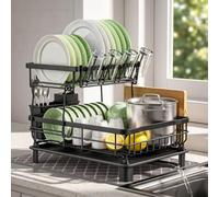 2 Tier Dish Drainer Rack with Drip Tray and Absorbent Mat, for Kitchen | Large Capacity, Rust-Resistant Powder-Coated Iron Kitchen Drainer, Space-Saving, Large Dish Rack for Plates, Cups and Cutlery