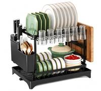 2 Tier Dish Drainer Rack with Drip Tray,Space-Saving Dish Rack with Drainage Spout,Premium Carbon Steel,Plate Bowl Organizers with Utensil,Cup & Cutting Board Holders for Kitchen Counter(49.5*30*27cm)