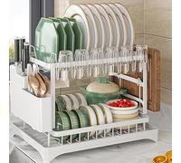 2-Tier Dish Drainer Rack with Drip Tray - Stainless Steel Kitchen Drying Rack, 360° Swivel Drainage Spout, Utensil Holder, Cup & Plate Storage, Detachable, Compact Countertop Sink Organizer (White)