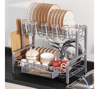 2 Tier Dish Drainers Drying Rack for Kitchen Counter Large Stainless Steel Dishes Drain with Drainboard, Space Saving, Big Modern Silver Countertop Metal Plates Dryer Strainer Holder and Extra Tray