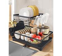 2 Tier Dish Drying Rack, Dish Drainer Rack with Drip Tray, Sink Drainer Rack with 360° Swivel Drainage Spout, Space-Saving for Kitchen Counter, Utensil Holder & Cups Holder, Cutting-Board Holder