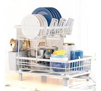 2 Tier Dish Drying Rack Drainer, Anti Rust Kitchen Dish Drainer with Utensil, Cutlery Glass Holders Rotatable Drain Pipe Metal Draining Board Wash Up Over the Sink Dish Plate Rack Easy to Assemble