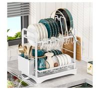 2-Tier Dish Drying Rack Rustproof Wrought Iron Kitchen nizer with Cup Holder Drainboard & sil Holders - Space-Saving Dish Drainer for Pots Plates & Cups (White)