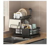 2-Tier Dish Drying Rack - Space-Saving Detachable Design with Drainboard sil & Cup Holders - Multifunctional Compact Kitchen nizer (Black)