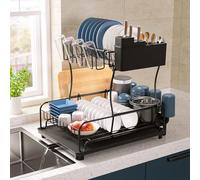 2-Tier Dish Drying Rack with 360° Rotating Drainboard Rustproof Carbon Steel Kitchen Dish Drainer with Cutlery Holder & Removable Drip Tray, Space-Saving Counter Organisation for Small Kitchens