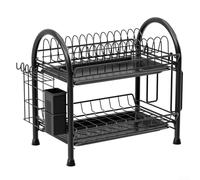 2 Tier Dish Drying Rack with Drip Tray,Carbon Steel Kitchen Counter Storage Utensil Holder Black,39x25x37cm Organise